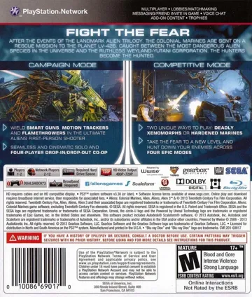 Aliens - Colonial Marines (USA) (En,Fr,De,Es,It,Pl) (v1.05) (Disc) (Update) box cover back